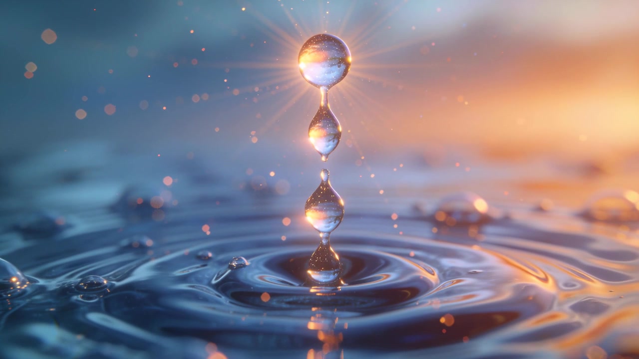 Rebounding water droplet with thin column forming three-drop chain after hit on macro tank, ripples