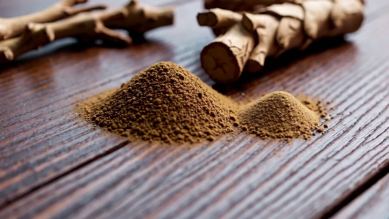 Dried Ginger Powder on Wooden Background