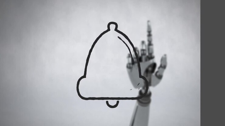 Animation of bell icon over robotic hand on white background