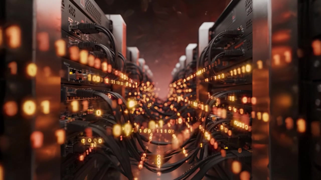 A High-Tech Data Center: Interconnected Servers and Streaming Binary Data Amidst a Futuristic Optical Display of Light and Technology