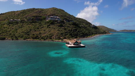 British-Virgin-Islands,-Aerial-View-of-Dock-on-and-Turquoise-Caribbean-Sea-Water