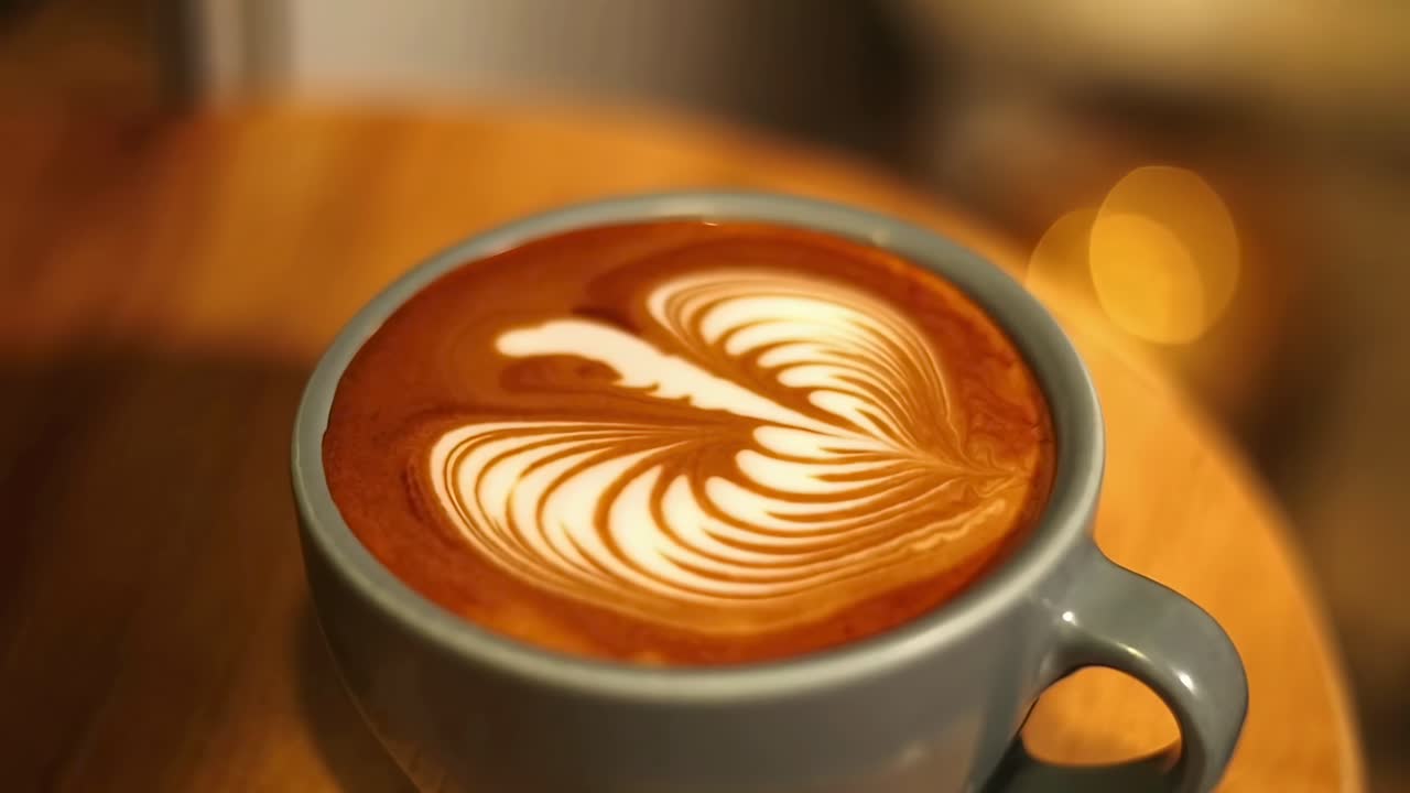Video ravvicinato di latte versato nel caffè, che crea una latte art da un angolo superiore