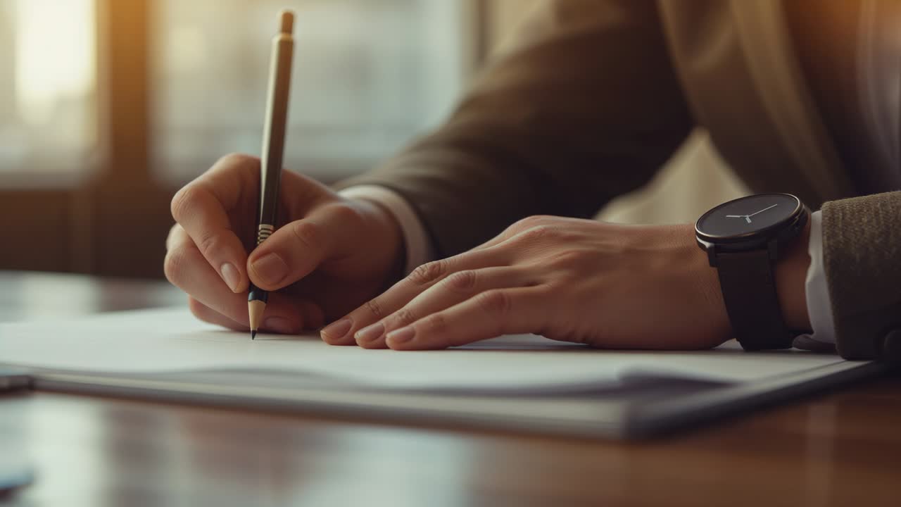 Writing with poised pencil, man in dark jacket cuff signing documents on wooden desk, watch