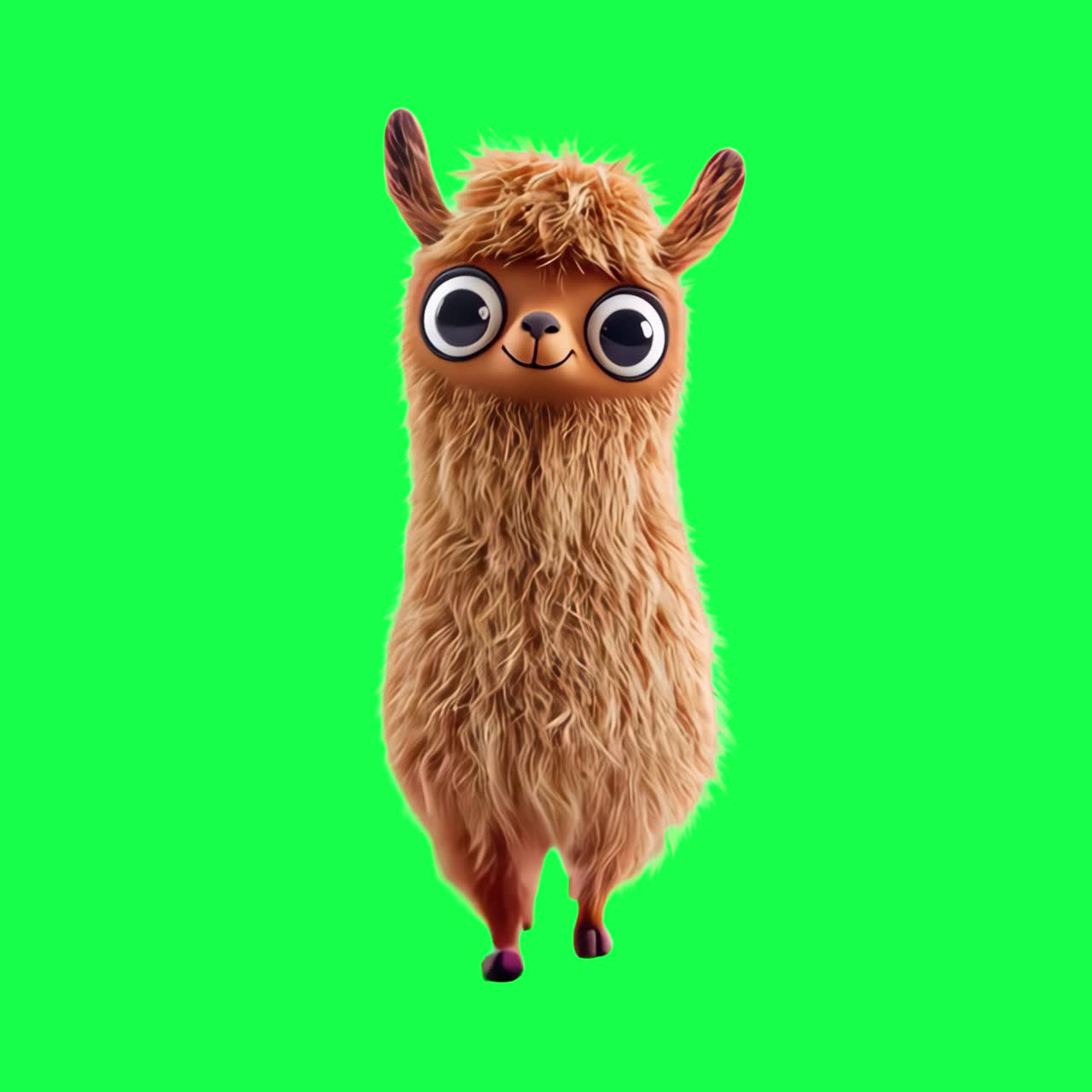 Cute cartoon llama with big eyes animation, transparent 4K video, green screen