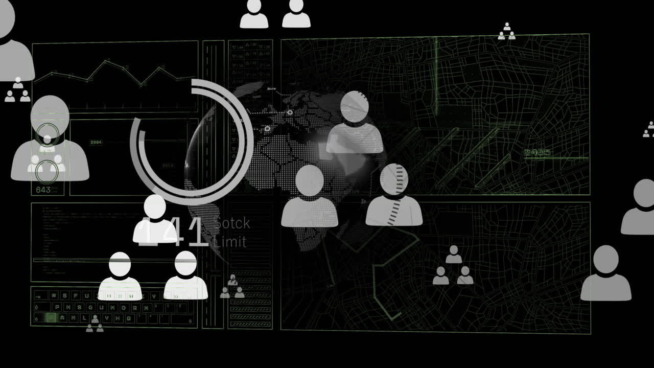 Animation of financial data processing with globe and business icons on black background