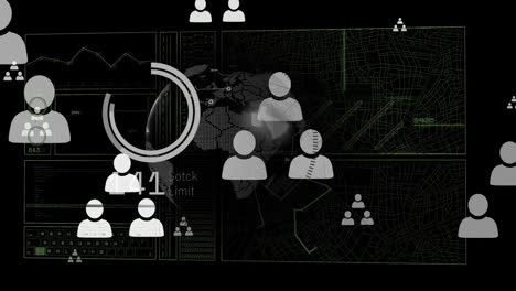 animation of financial data processing with globe and business icons on black background