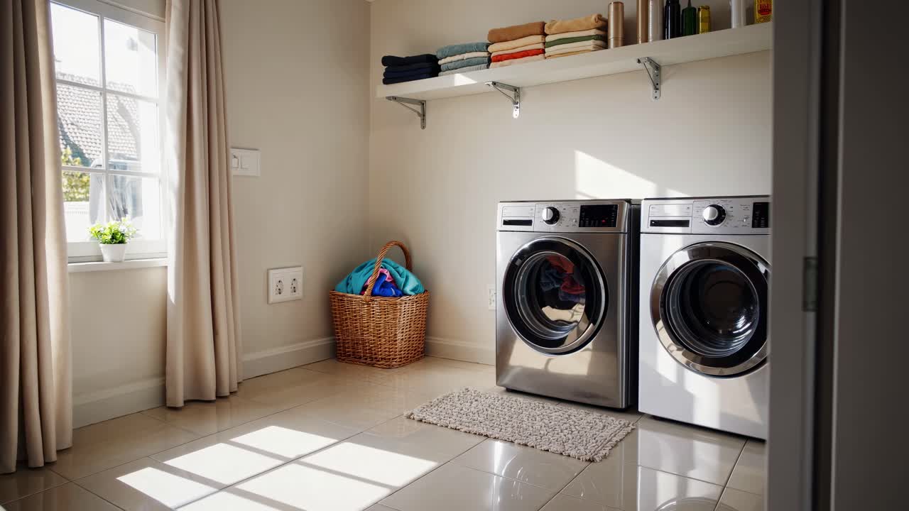 Bright laundry room with modern appliances, shot from a low angle