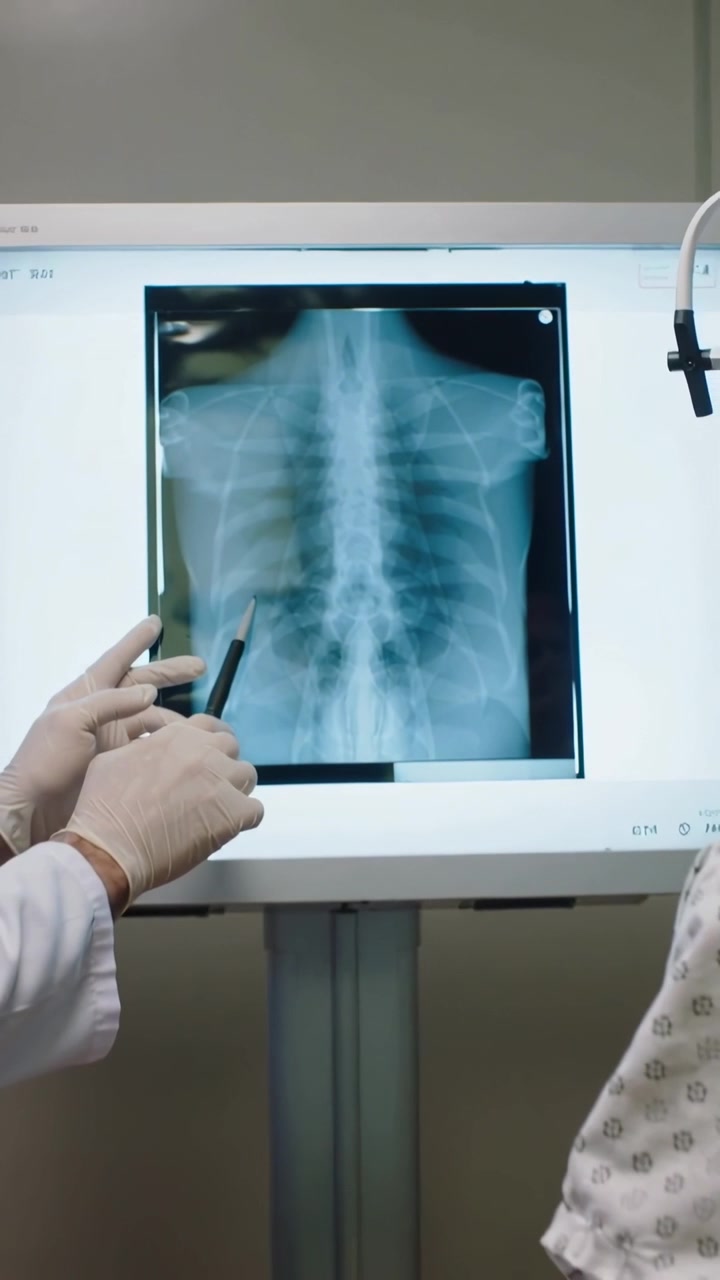 Vertical video: Pen entering Dr in whitecoat pointing at xray lightbox explaining to clinic patient