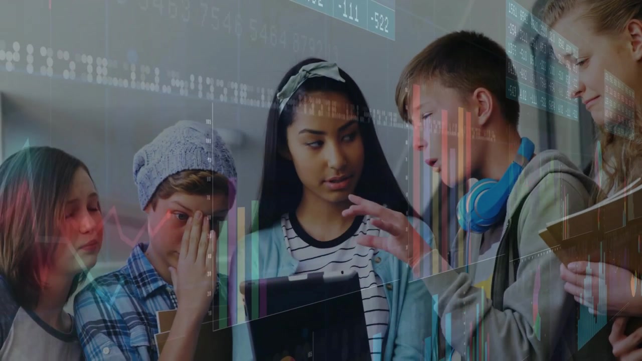 Group of Students Using Tablet with Digital Data Overlay