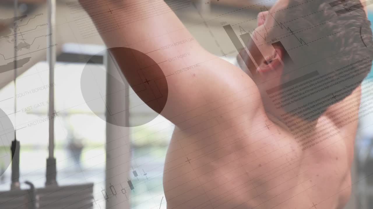 Fitness enthusiast seeing charts appearing and starting lat pulldown while tracking muscle activity