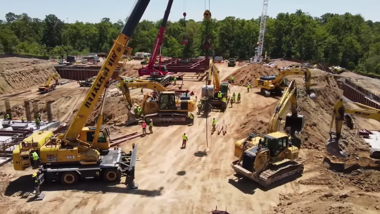 Heavy Machinery and Workers Collaborating on a Construction Site to Move Soil and Materials, Showcasing an Active Industrial Environment with Multiple Cranes and Excavators
