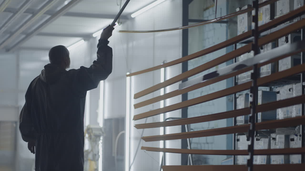 la cámara sigue al hombre trabajando molar saca partes del horno para hornear pintura. planta para la producción de productos metálicos de acero. taller de pintura