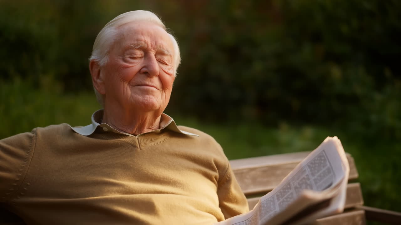 Hombre blanco de edad avanzada descansando en un banco con un periódico, bajo una suave luz dorada, con los ojos cerrados en apacible relajación.