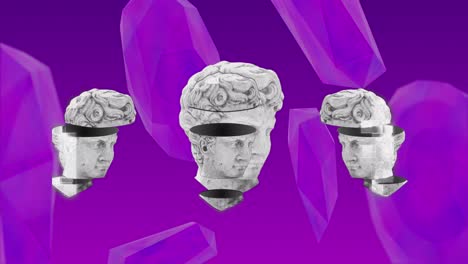 animation of antique head sculptures over purple shapes on purple background