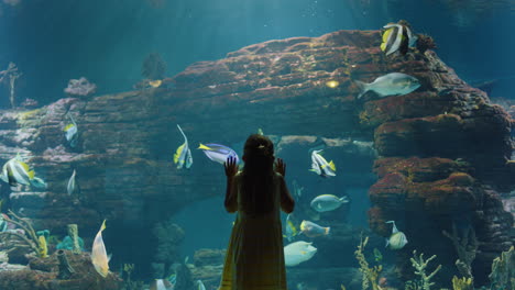 Niña-En-El-Acuario-Observando-Peces-Nadando-En-El-Tanque-Niño-Emocionado-Divirtiéndose-Mirando-La-Colorida-Vida-Marina-En-El-Hábitat-Del-Arrecife-Corel-Del-Oceanario-4k