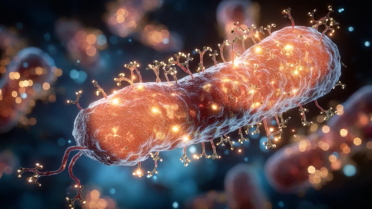 Intricata esplorazione visiva di una cellula batterica con caratteristiche superficiali luminose e strutture molecolari che evidenziano le sue complesse interazioni biologiche