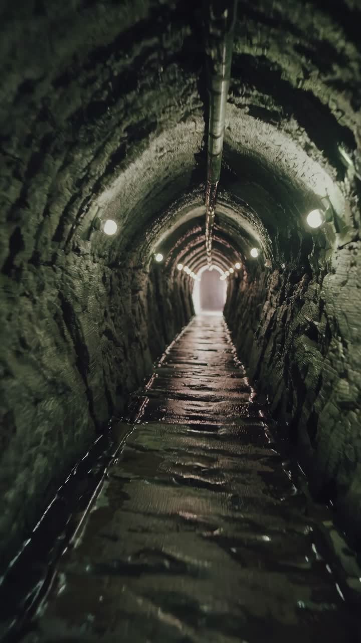 A dimly lit underground tunnel with wet walls, captured from a low-angle perspective