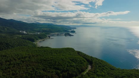 aerial establishing drone fly shiretoko national park in hokkaido japan, natural landscape environment