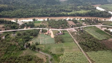 Wide-Drone-Dolly-of-Farmland-and-Roadway-beside-Dong-Nai-River,-Cat-Tien-National-Park,-Vietnam