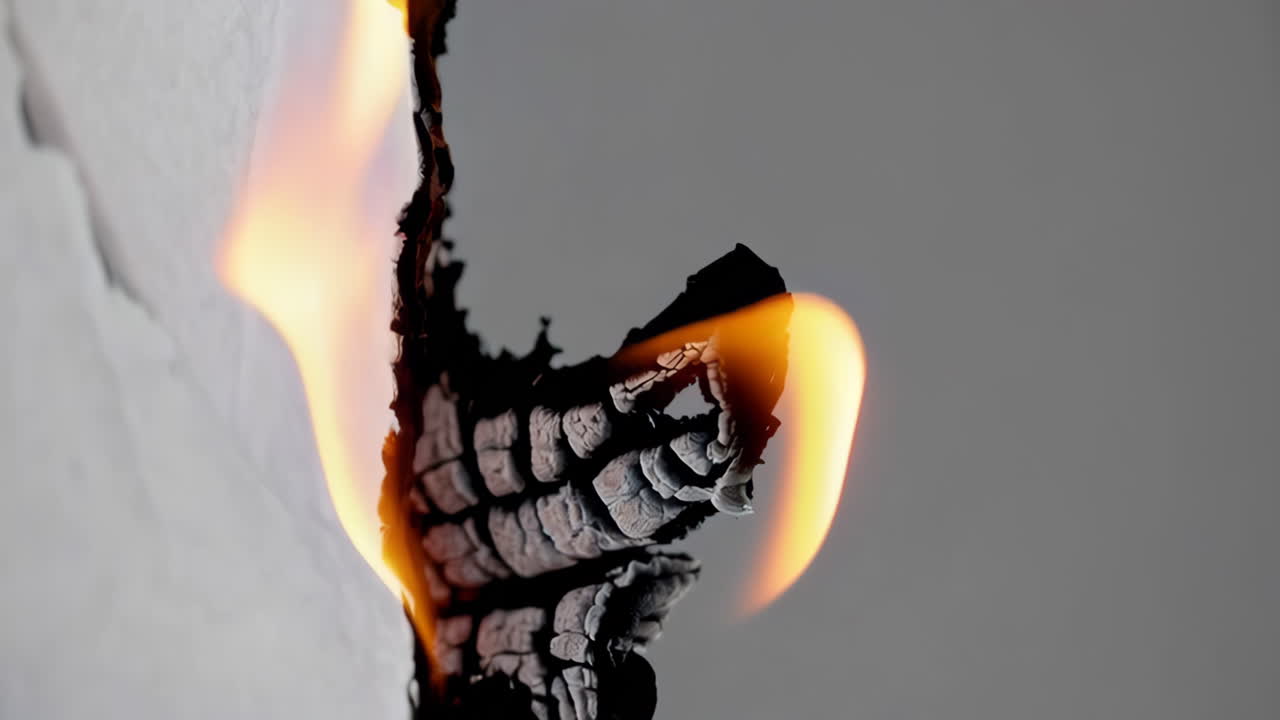 Close-up of Paper Burning with Flames and Charred Edges