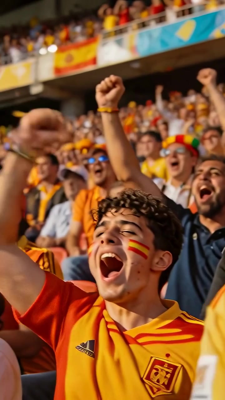 Video vertical: Hombre barbudo gritando con camiseta amarilla y gafas de sol, reaccionando después de una jugada en las gradas.