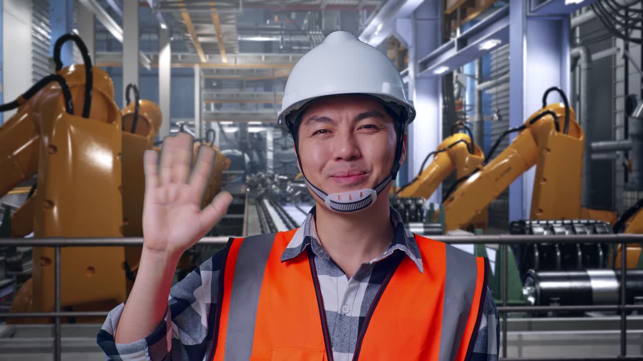 Close Up Of Asian Male Engineer With Safety Helmet Smiling To Camera And Waving Hand Saying Bye While Standing With Industrial Robotic Arms Working