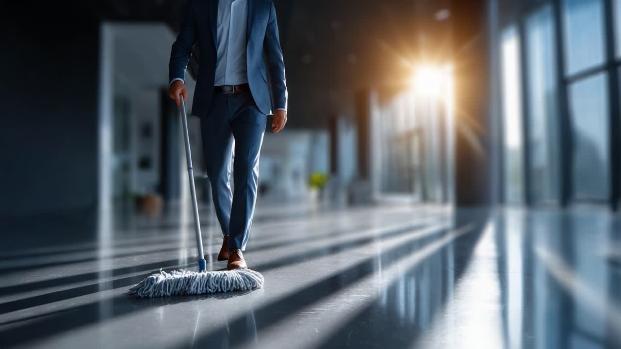 A Dapper Professional Transitions from Cleaning to Mobility: A Journey of Adaptation in a Bright, Modern Space with Lingering Shadows and Sunlight