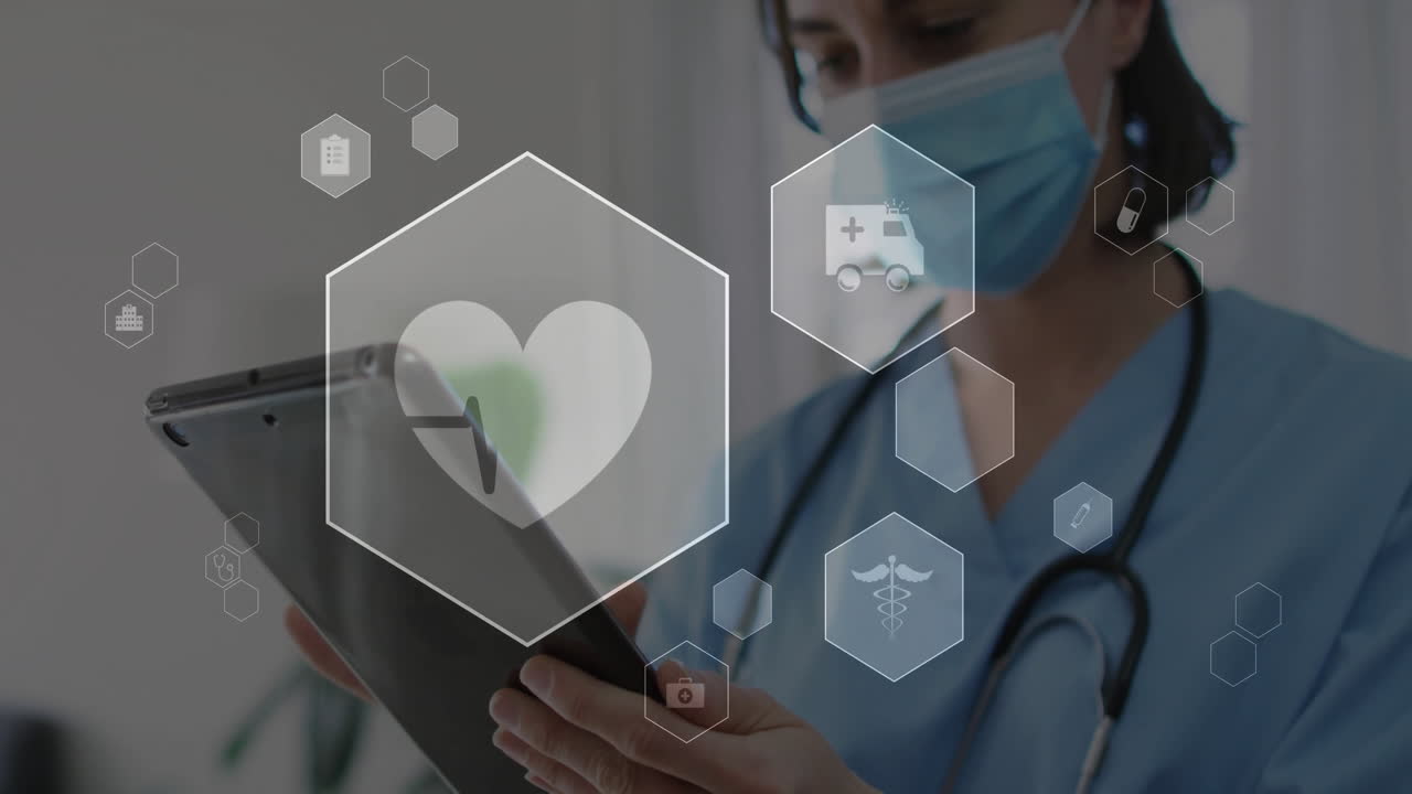 Healthcare professional holding tablet in clinic, with stethoscope and floating medical icons