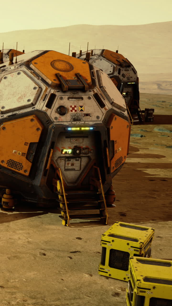 Exploring a futuristic habitat module on an alien landscape under a distant sun