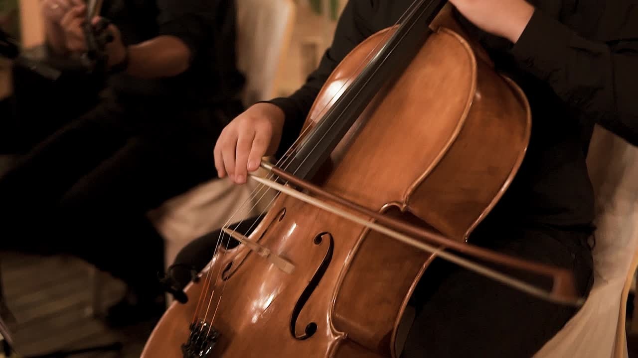 Close-up of an elegantly dressed musician playing the double bass in slow motion with the band