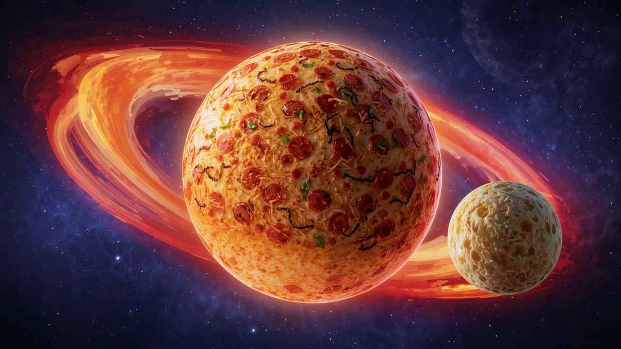 Sequenza in riproduzione che mostra un pianeta a forma di pizza ai peperoni rotante nello spazio profondo, con anello arancione fuso