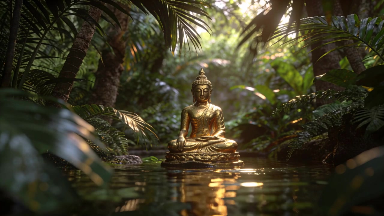 Luce del sole nascente, brezza che agita, statua dorata di Buddha seduto che si riflette su uno stagno poco profondo in giardino.