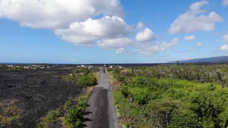 the road into kalapana lava rock community with jungle and cooled lava