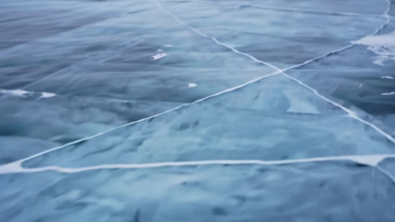 Melting ice creates intricate designs on a frozen lake surface during the winter. The stunning blue hues reflect the clear sky and water, showcasing nature's artistry.