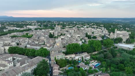 aerial orbit around uzès medieval town in provence in south of france