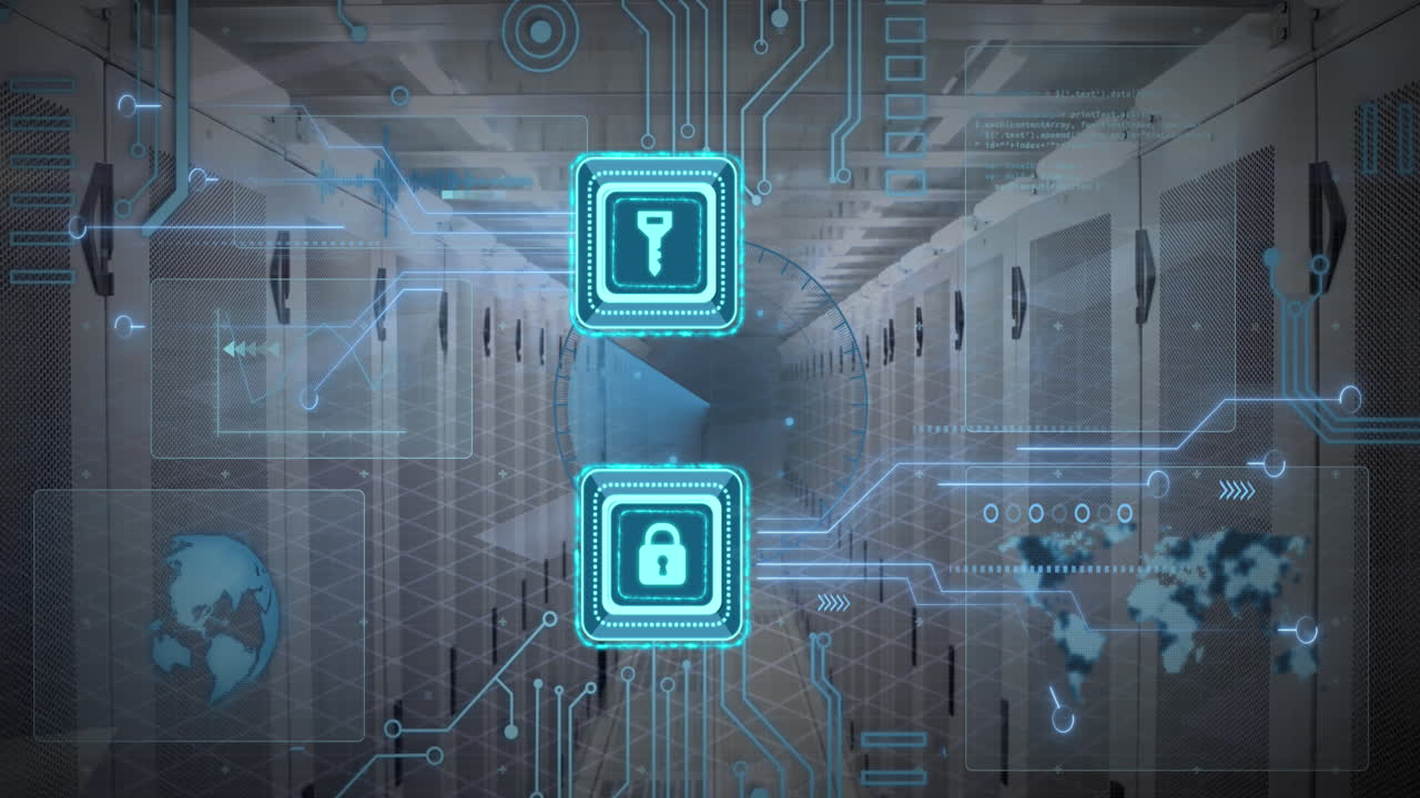 Animation of key and padlock in square, globes, map and circuit board pattern over server room