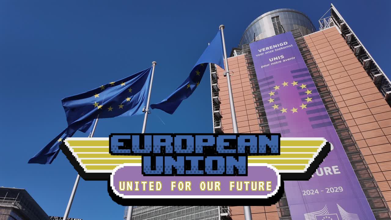 EU flags waving with stylized text overlay at Commission building