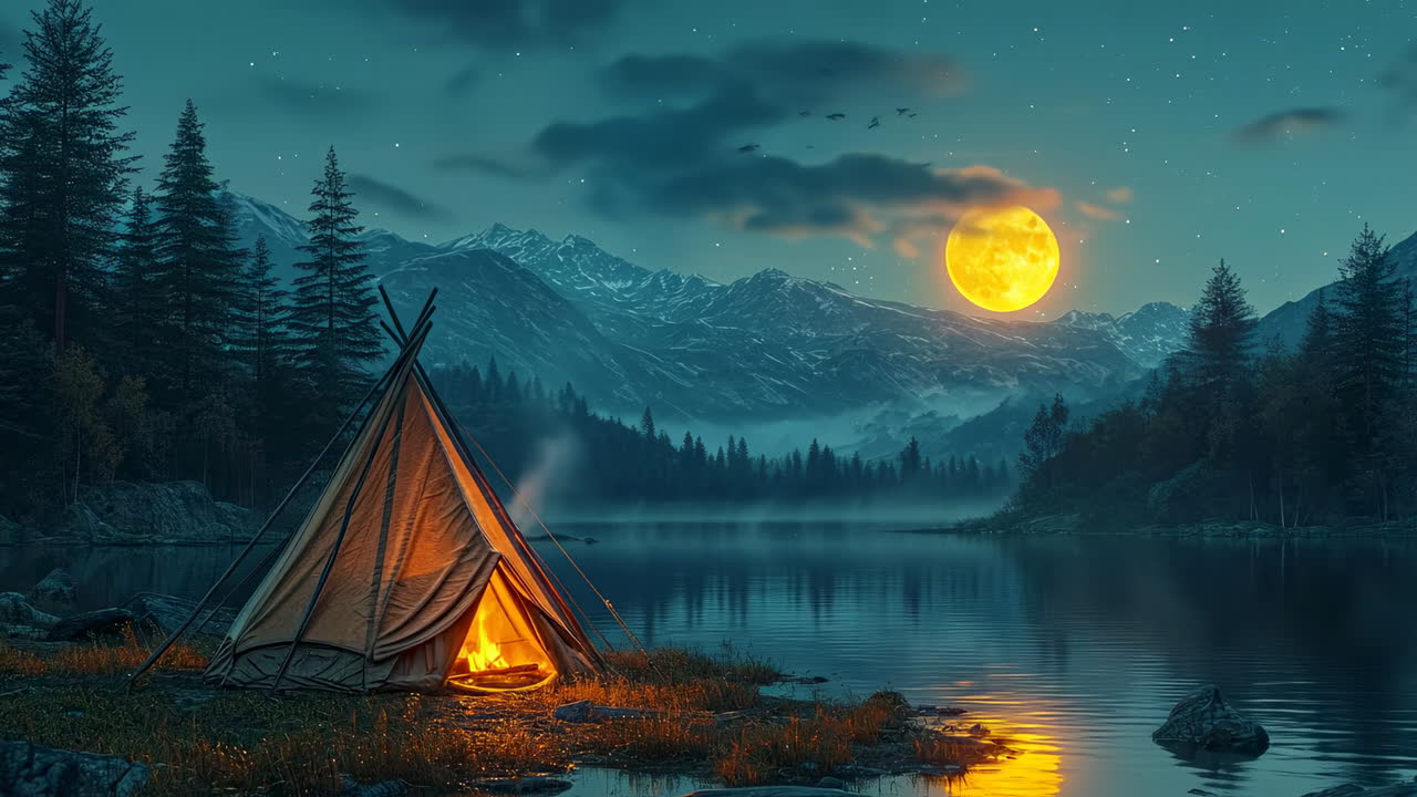 Camping by the lake under a full moon. A cozy tent sits by a calm lake while a bright full moon illuminates the mountain landscape at night