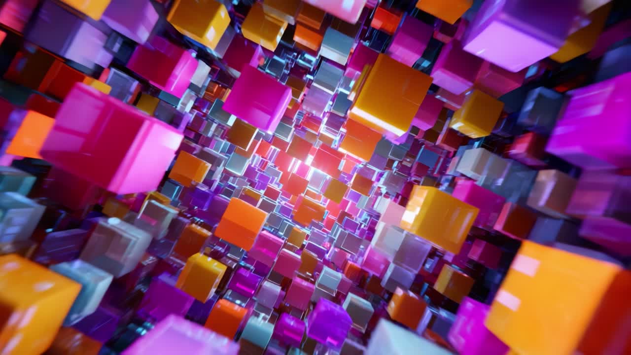 A Dynamic Exploration of Colorful Cubes in an Abstract Space, Showcasing a Mesmerizing Depth of Field and Vivid Patterns that Capture the Essence of Modern Digital Artistry