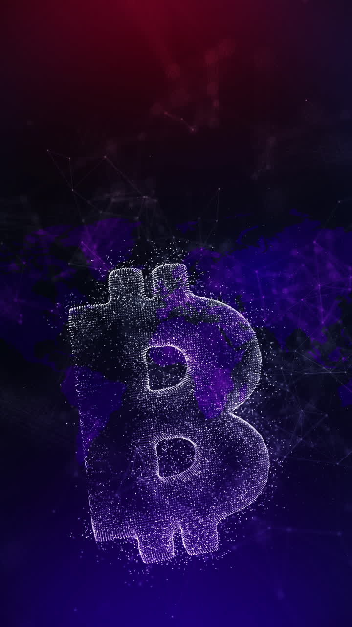 Bitcoin cryptocurrency symbol on blue background with changing financial indicators. Lines and dots with moving numbers. Abstract looped animation. Vertical video.