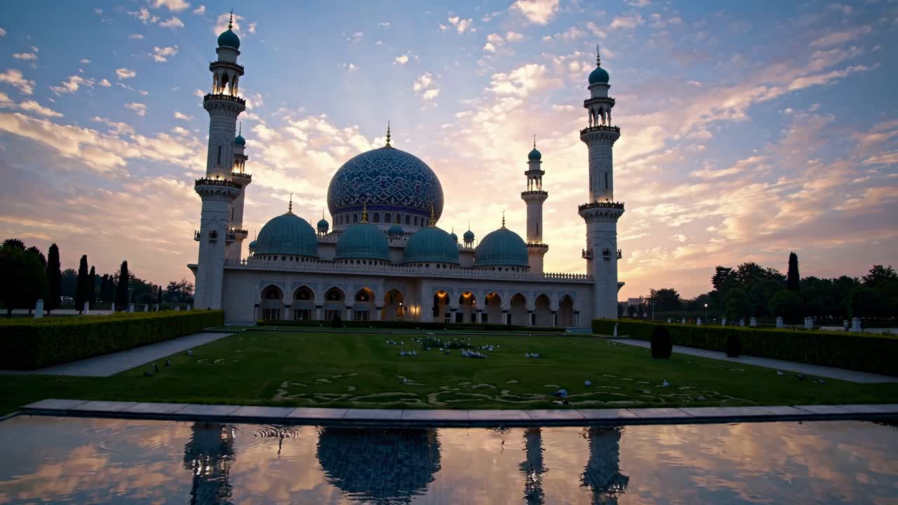 Wide-angle video captures a stunning mosque at sunset, reflecting in a serene pool