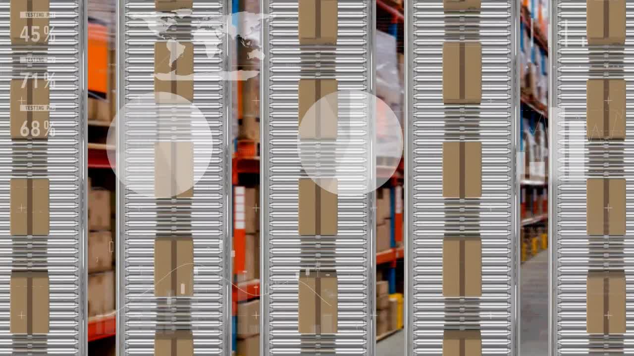animación del procesamiento de estadísticas sobre cajas de cartón en cintas transportadoras en el fondo