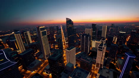 aerial view of a modern city at sunrise/sunset