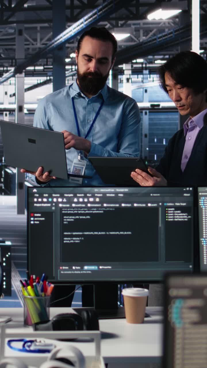 Vertical video Data center manager supervising work done by programmers on neural network