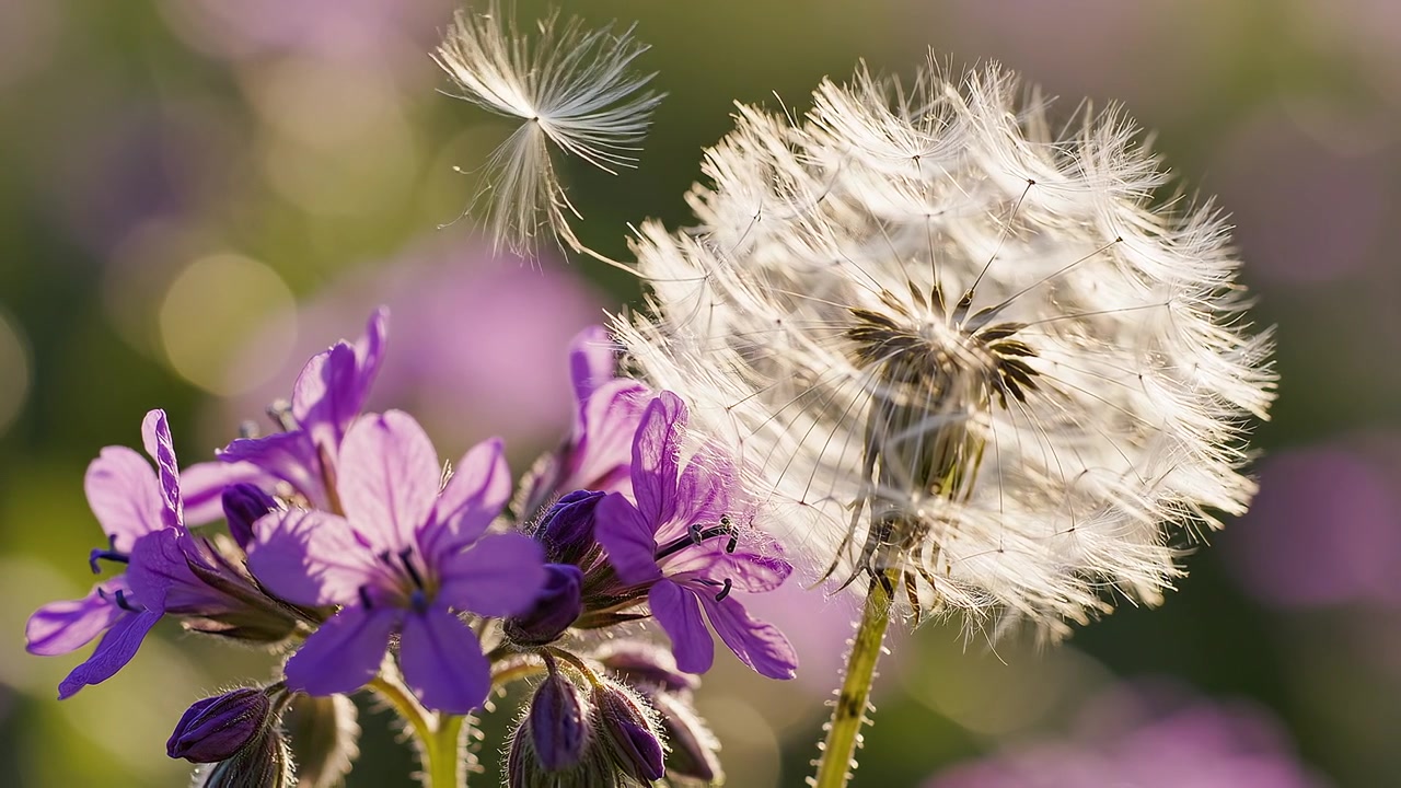 Nærbilde av en løvetannfrøstand og lilla villblomster