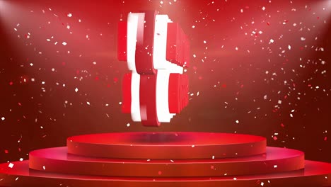 otoño ofrece animación de texto en la alfombra del podio del escenario 3d. cortina roja reval con explosión de confeti de papel de aluminio abstracto, reflector, chispas de brillo, animación de bucle 4k.