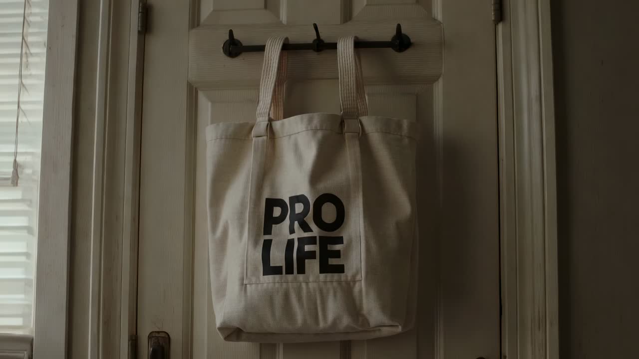 Borsa tote di tela appesa che mostra la scritta PRO LIFE sulla porta di casa, illuminata dalle tende per essere riposta