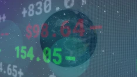 Animation-of-stock-market-with-snow-over-globe