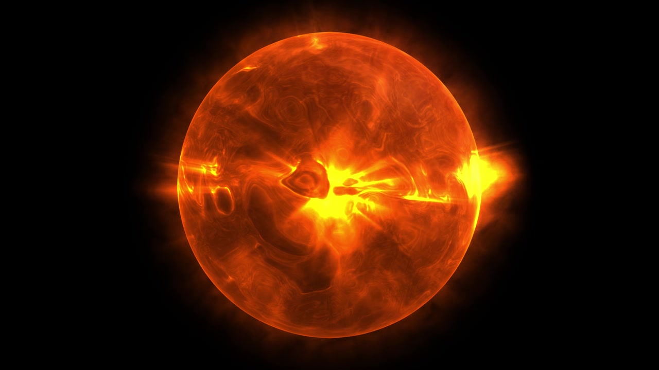 深い漆黒の宇宙に輝くオレンジ色の太陽の火の玉球体