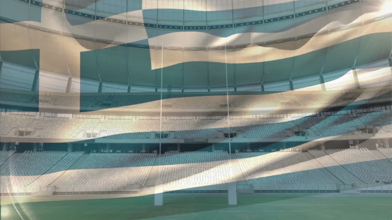 Waving greece flag animation over empty stadium with rugby goalposts in background